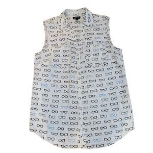 Talbots Sleeveless Blouse Women's Sz Small Eyeglass Logo White Black Whimsical